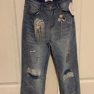 Miss Me Distressed Blue Jeans with Silver Accents